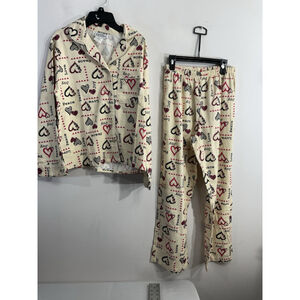 Womans Cozee Corner 2 Pc Pajama Set Small Petite Beige Multicolor Graphics